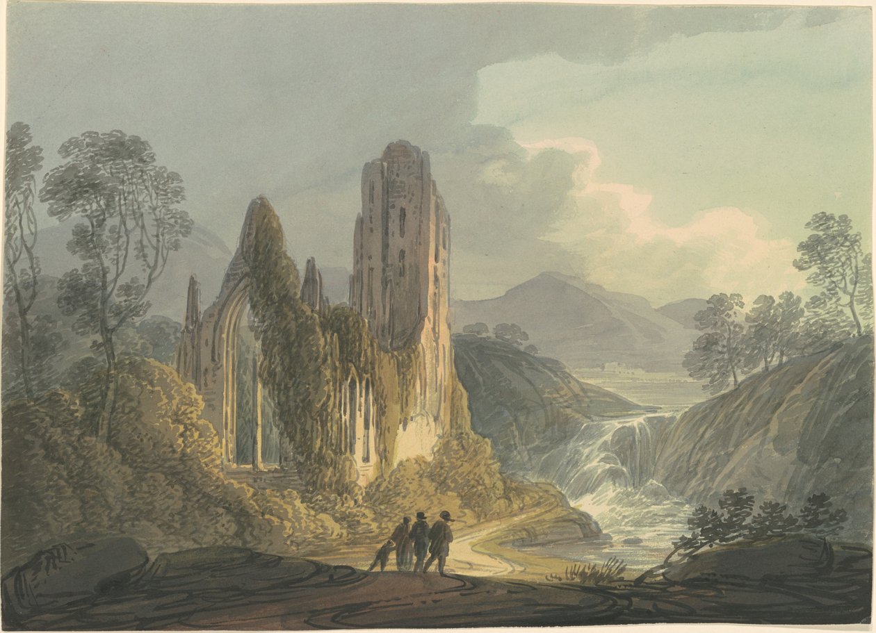 Eine verfallene Abtei an einem Wasserfall von William Payne