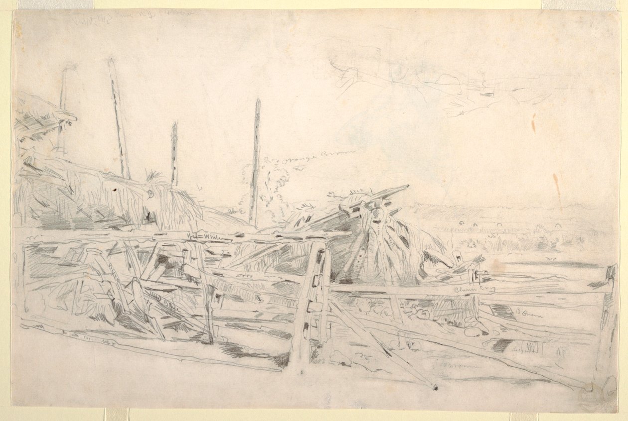 Zeichnung, Heuhaufen und Eisenbahnschiene, ca. 1870 von Winslow Homer