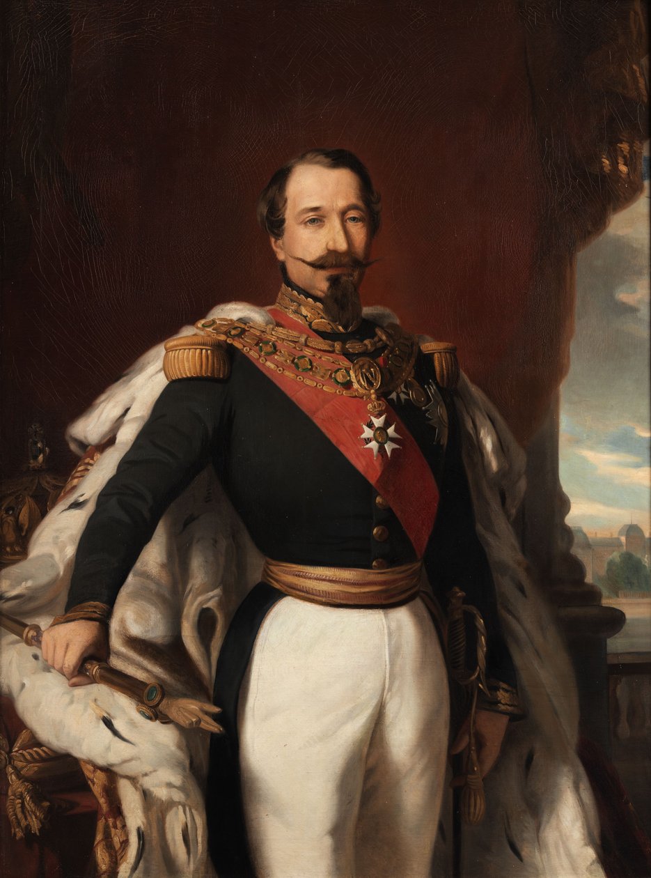 Napoleon III. in Uniform mit Hermelinmantel an einem Tisch mit Krone und Zepter, im Hintergrund der Louvre von workshop of Franz Xaver Winterhalter