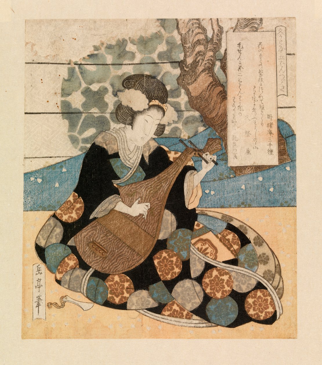 Dame spielt ein Instrument, ca. 1804-40 (Farbholzschnitt) von Yashima Gakutei