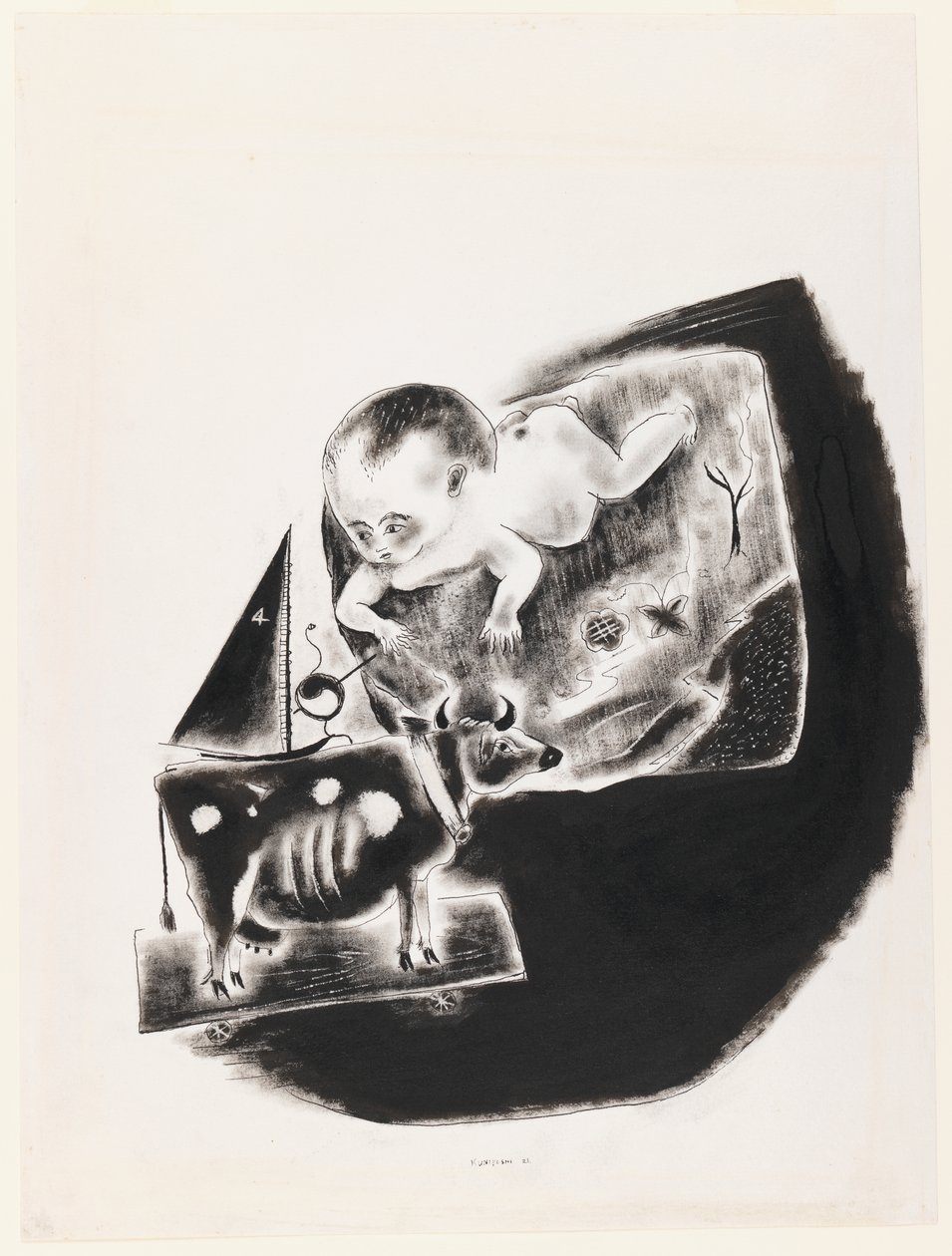 Baby und Spielzeugkuh von Yasuo Kuniyoshi