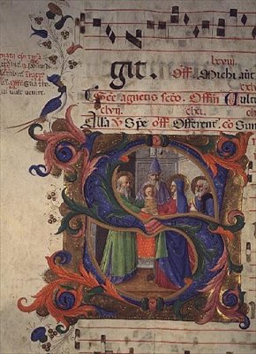 Missale 515 f.28v Historisierte Initiale S, die die Darstellung im Tempel zeigt, 1448-49 von Zanobi di Benedetto Strozzi