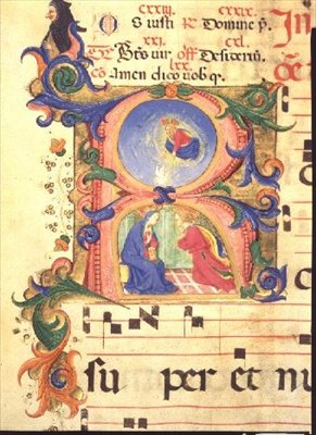Missale 515 f.42r Historisierte Initiale R, die die Verkündigung zeigt, 1448-49 von Zanobi di Benedetto Strozzi