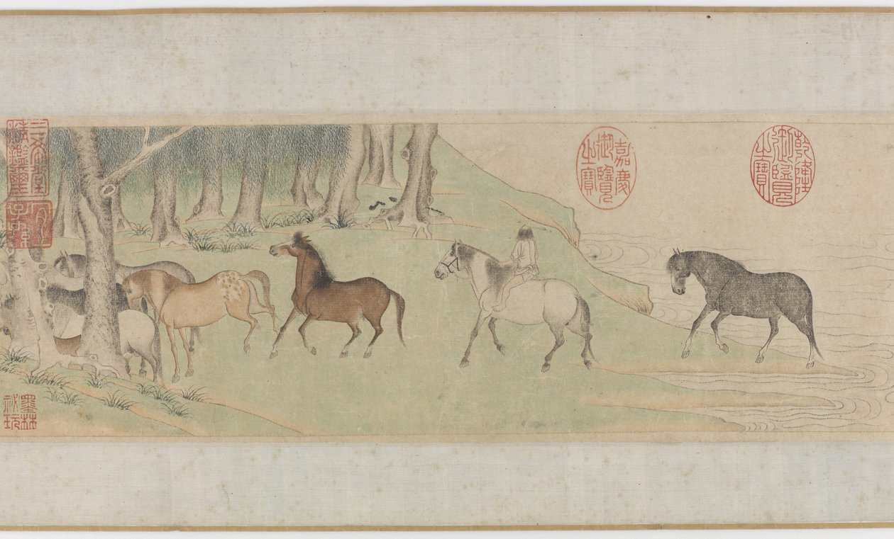 Pferde und Stallburschen überqueren einen Fluss, Yuan- oder frühe Ming-Dynastie, 14. Jahrhundert von Zhao Mengfu Chao Meng Fu or