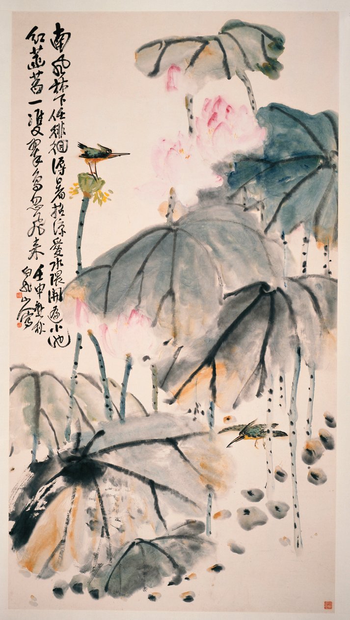 Lotus und grüne Vögel von Zhen Wang