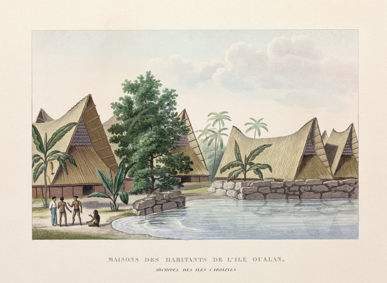Architektur Häuser auf Oualan, Karolineninseln von Frederick (attr. to) Barnard