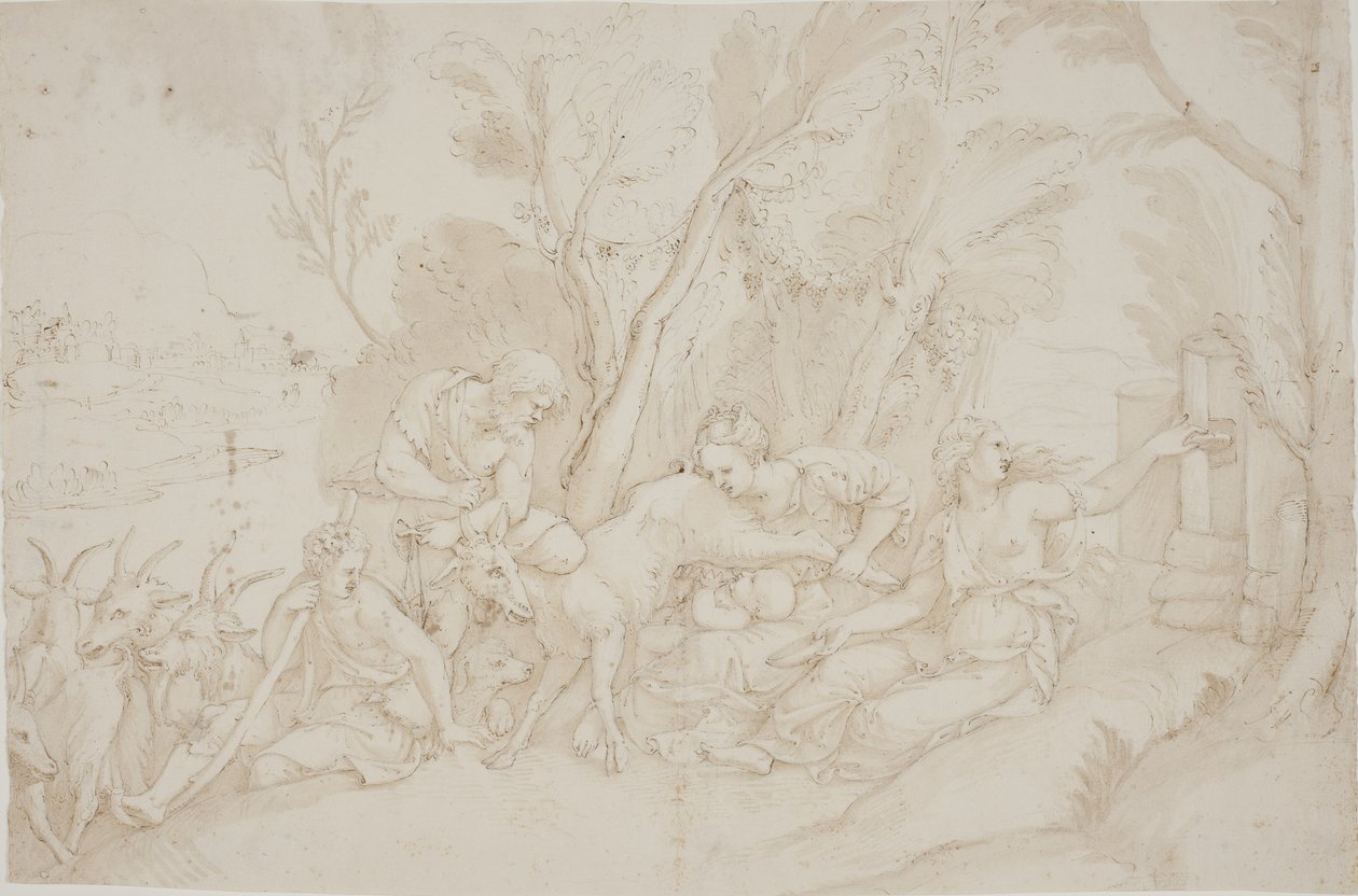 Jupiter wird von der Ziege Amalthea gesäugt von after Giulio Romano