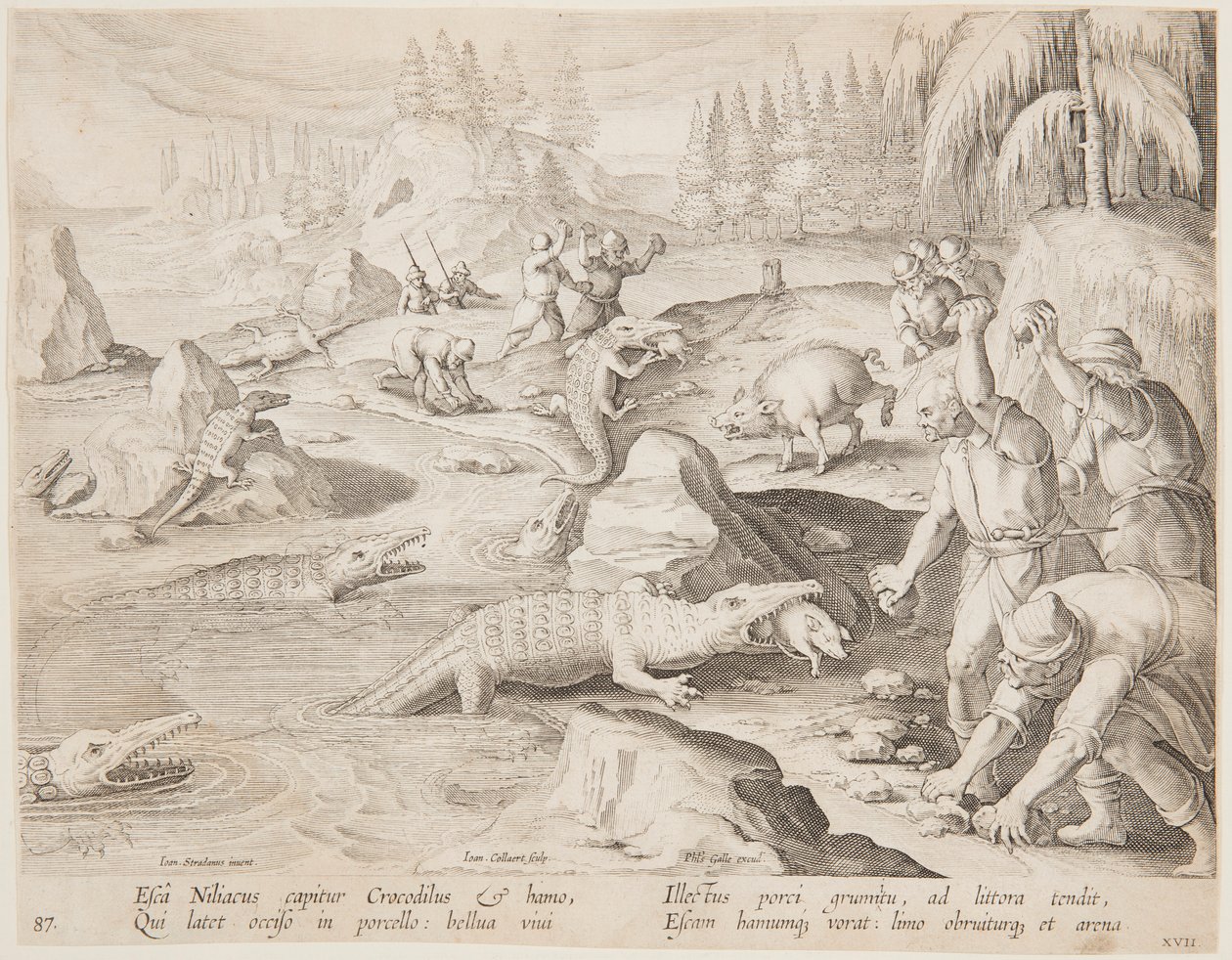 Krokodiljagd von after Jan van der Straet, called Stradanus