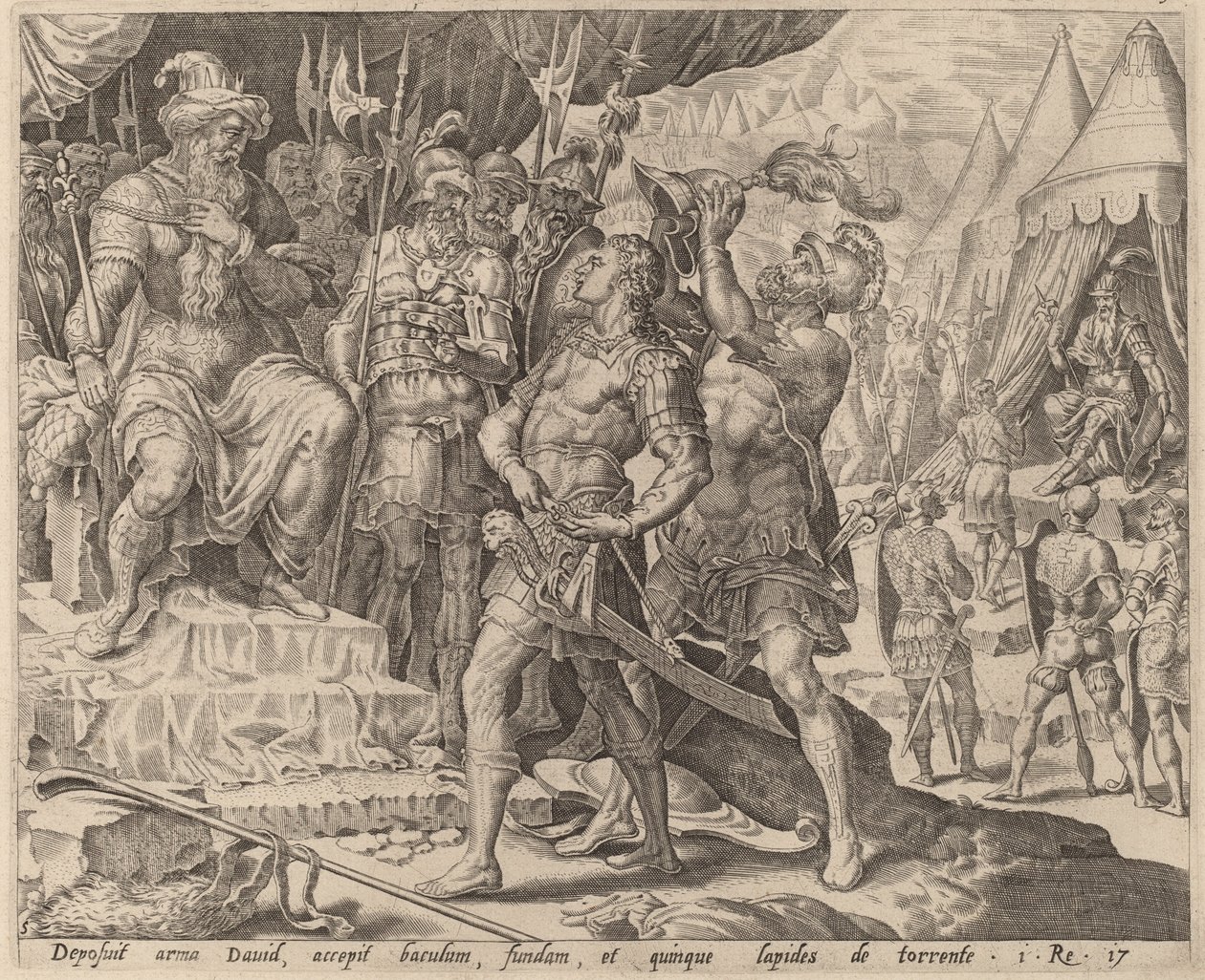 David bewaffnet vor Saul von after Maerten van Heemskerck