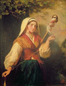 Junge Frau beim Spinnen von Wolle