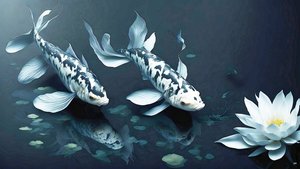 Tintenmalerei: Koi-Karpfen weißer Marmor 02