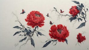 Tintenmalerei: Pfingstrose in Rot 01