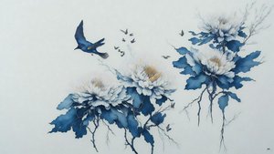 Tuschemalerei: Chrysanthemenblume in Blau_01
