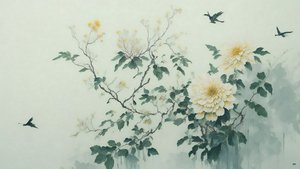 Tuschemalerei: Chrysanthemenblume in Grün_01