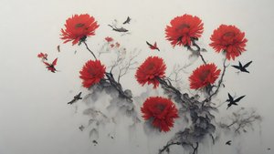 Tuschemalerei: Chrysanthemenblume in Rot_01