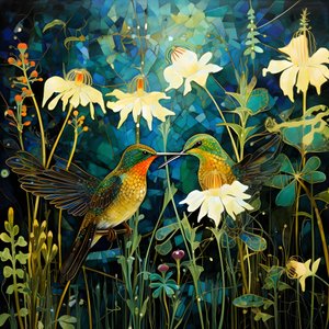 Kolibris und ein Frosch im Wald
