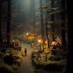 Miniatur-Tilt-Shift-Halloween-Wald mit nebligen Bäumen und einer gespenstischen Atmosphäre 1