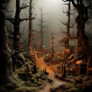 Miniatur-Tilt-Shift-Halloween-Wald mit nebligen Bäumen und einer gespenstischen Atmosphäre 4