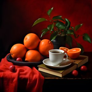Zitrusfrüchte rotes Buch Kaffee