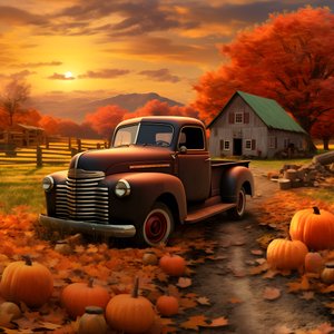 Ein Oldtimer-Pickup-Truck an einem Herbst-Sonnenuntergang-Abend 3