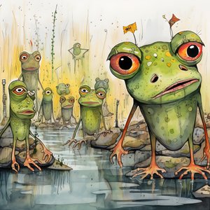 ganzseitige Aquarell- und Tuschemalerei von Fröschen