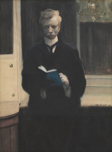 Selbstporträt mit blauem Skizzenbuch