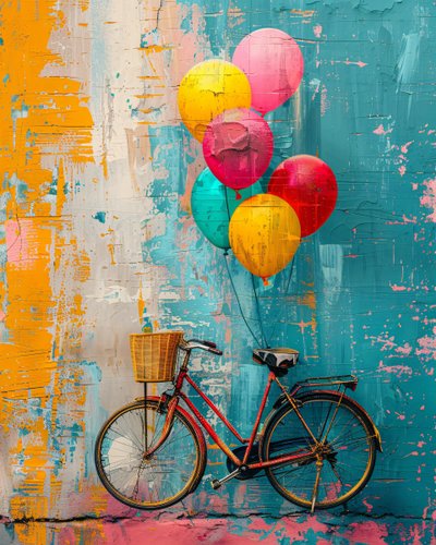 Abstraktes primitives Gemälde eines Fahrrads mit Ballons von F. Abderrahim