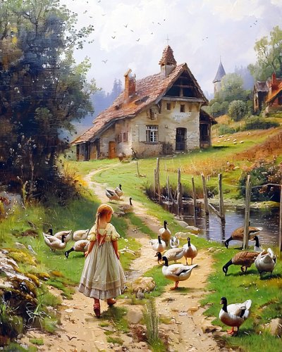 Mädchen und Geflügel in einer alten europäischen Landschaft im Berkshire Homestead Stil von F. Abderrahim