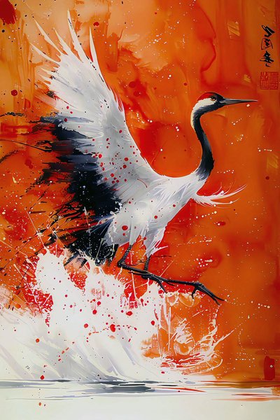 Storch gemalt in warmen Farben im asiatischen künstlerischen Stil von F. Abderrahim