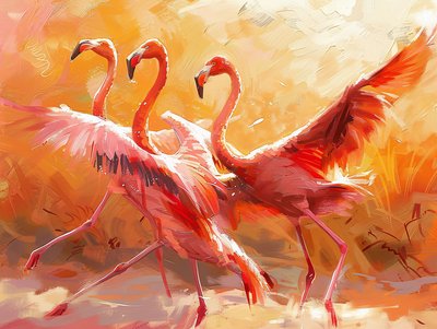 Abstraktes Gemälde von tanzenden Flamingos von F. Abderrahim