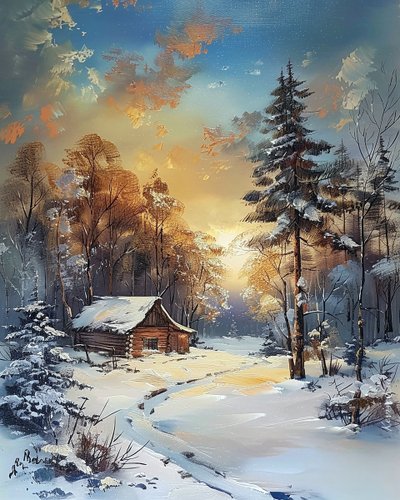 Hütte mitten im Wald und Schnee, Winterlandschaft von F. Abderrahim