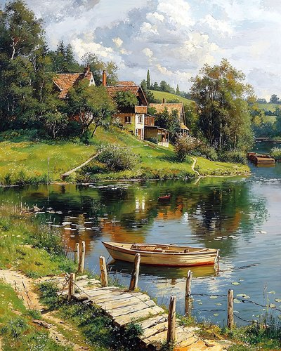 Ein Holzboot vertäut neben einem Fluss und einem traditionellen Dorf von F. Abderrahim