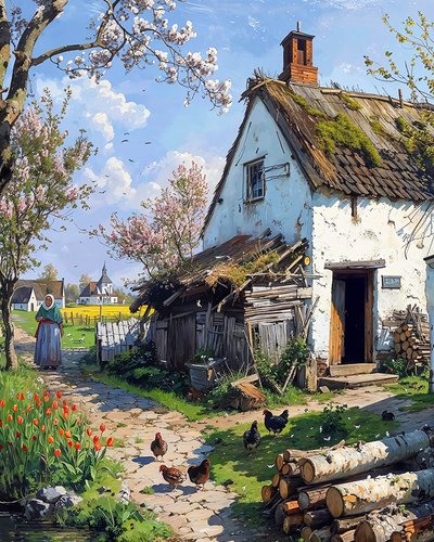 Geflügelvögel vor einer traditionellen Hütte auf dem Land von F. Abderrahim