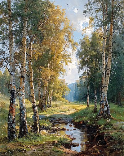 Ein Bach, der durch einen Birkenwald fließt von F. Abderrahim