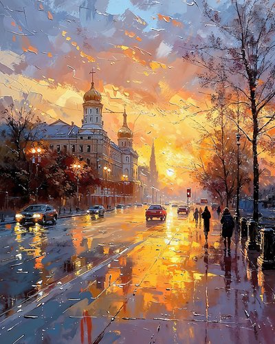 Menschen gehen bei Sonnenaufgang im Regen auf der Straße von F. Abderrahim