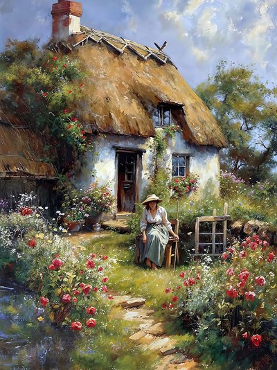Eine Frau sitzt in einem Garten vor einer Hütte auf dem Land von F. Abderrahim