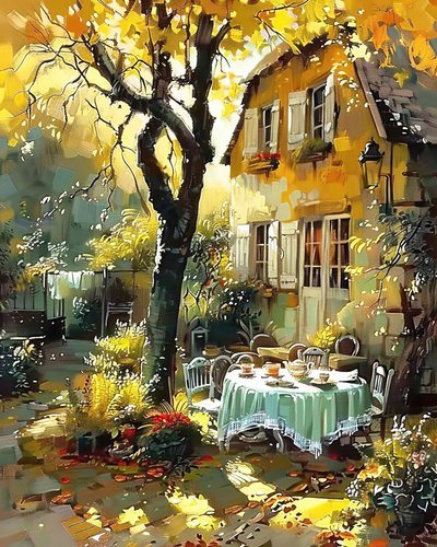 Mittagstisch im Garten eines Hauses in Frankreich von F. Abderrahim