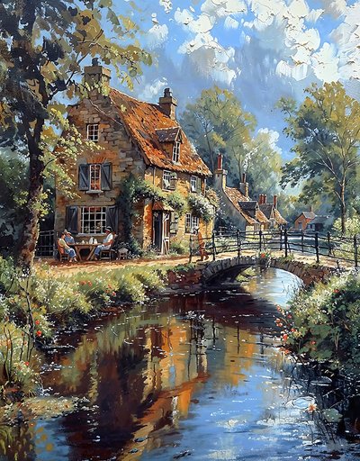 Eine alte Brücke über einen Bach neben einer Hütte in einer europäischen Landschaft von F. Abderrahim