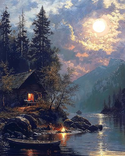 Haus am See im Mondlicht von F. Abderrahim