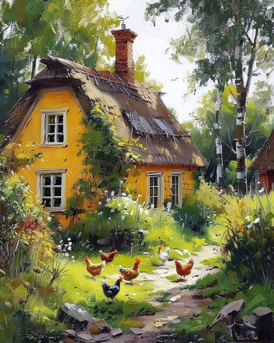 Holzhaus auf dem Land mit blühenden Obstgärten von F. Abderrahim