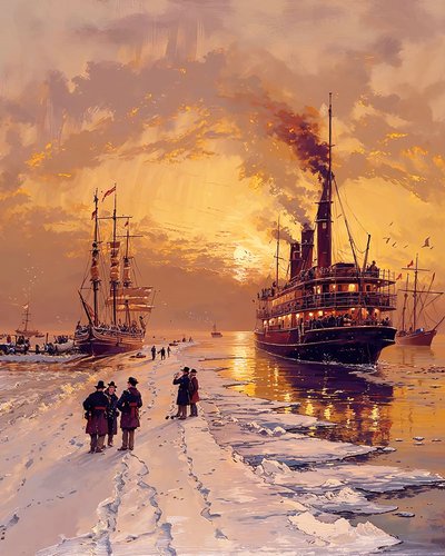 Dampfschiff in der Nähe von gefrorenen Eiskappen von F. Abderrahim