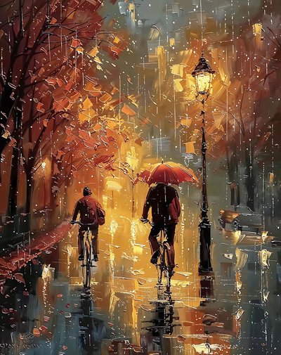 Radfahrer fahren in der Mitte einer Straße im Regen von F. Abderrahim