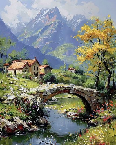 Ein Dorf am Fuße des Berges und ein kubischer Bogen mit einem Bach darunter von F. Abderrahim