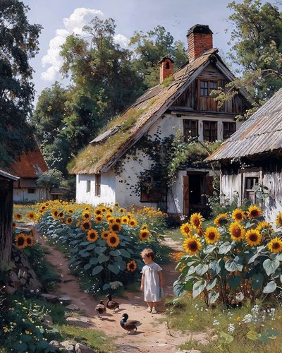 Ein Kind spielt vor einem alten Bauernhof, umgeben von Sonnenblumen auf Leinwand von F. Abderrahim