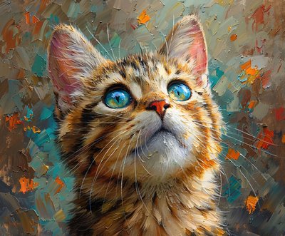 Eine niedliche Katze mit blauen Augen, die nach oben schaut, Nahaufnahme Tiergesicht, Wanddekoration von F. Abderrahim