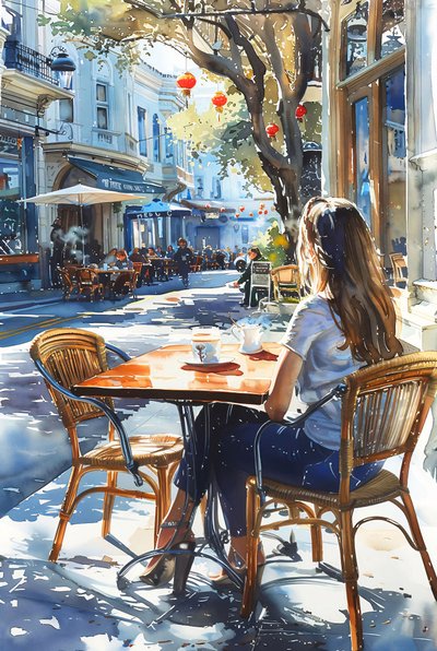 Eine Frau sitzt auf einem Stuhl in einem Straßencafé in Paris, gerahmte Wanddekoration von F. Abderrahim