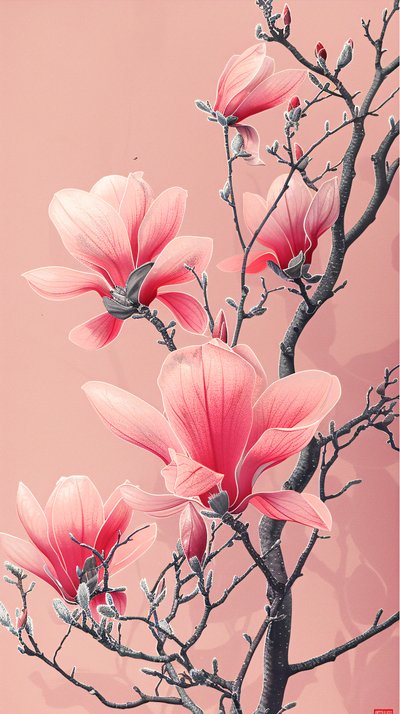 Digitale Malerei von asiatischen rosa Blumen Poster für Schlafzimmer Wanddekor von F. Abderrahim