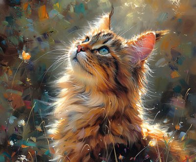 Flauschige Katze schaut auf, Niedliches Haustier Realistisches Gemälde, gerahmte Wanddekoration von F. Abderrahim