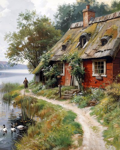 Altes russisches Dorf, Hütte, Öl auf Leinwand, gerahmte Wanddekoration von F. Abderrahim