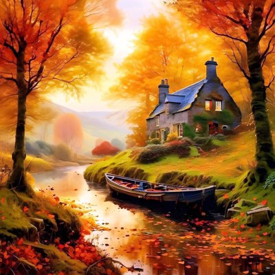 Gemälde einer Hütte im Wald mit einem Bach, Herbstlandschaft von F. Abderrahim